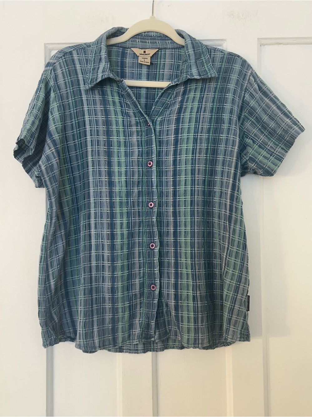 Woolrich Women’s Large Blue Green Plaid Short Sleeve Button Front Shirt